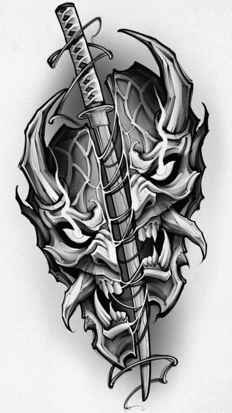 Japanese Tattoo Women, Oni Mask Tattoo, Oni Tattoo, Dragon Tattoos For Men, Chinese Dragon Tattoos, Samurai Tattoo Design, Japan Tattoo Design, Creepy Tattoos, Mask Tattoo