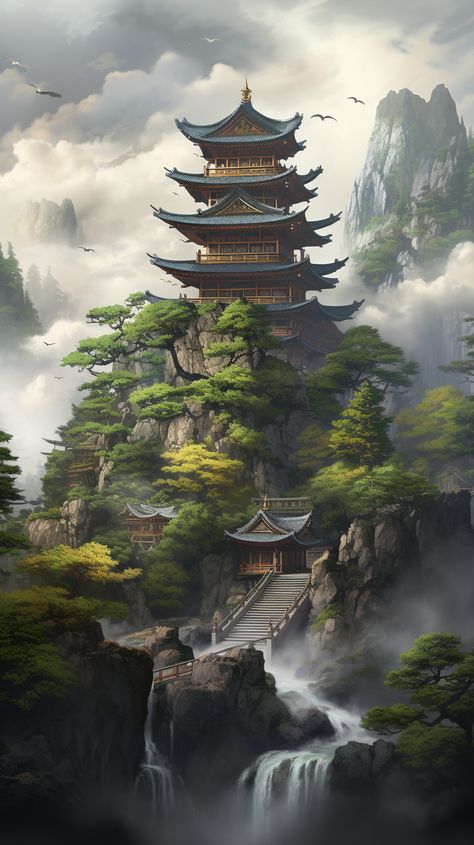 Created by Vellectrum using Midjourney. Japan Scenery, Ancient Chinese Architecture, Japanese Village, Drawing Scenery, Urban Forest, Spirit Animal Art, Geisha Art, Dreamy Artwork, Chinese Landscape