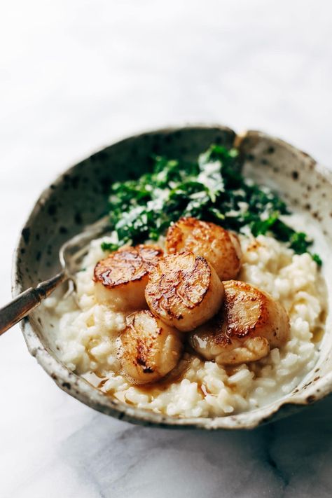 Brown Butter Scallops, Scallop Risotto, Butter Scallops, Dinner Italian, Parmesan Risotto, Cozy Romantic, Garlic Spinach, Risotto Recipe, Romantic Meals