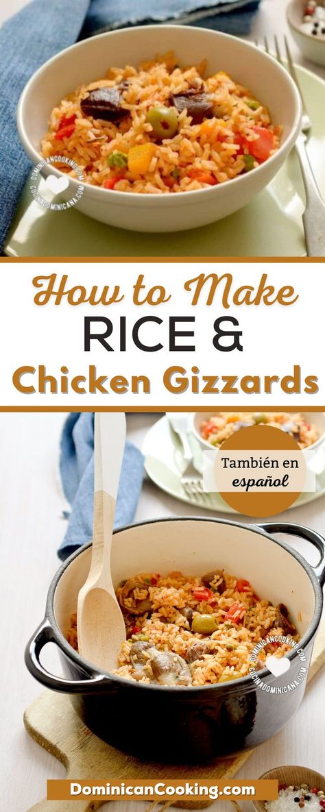 Locrio de molleja de pollo (rice and chicken gizzards) is an incredibly flavorful dish, you'll be surprised how much you'll like it. Gizzards have a particular flavor and texture that I like a lot but might not appeal to those who are not used to eating them. The only way to know if you'll like it is by trying it. Chicken Gizzard And Rice Recipe, Chicken Gizzards And Rice Recipe, Gizzards And Rice, Chicken Gizzard Recipe, Dominican Cooking, Dominicano Recipes, Gizzards Recipe, Rice And Chicken, Italian Rice