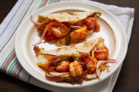 Governor Tacos — omit shrimp and just use cheese and veggies and pickled topping. Patti Jinich Recipes, Tacos Gobernador, Patis Mexican Table, Pati Jinich, Shrimp Taco Recipes, Mexican Table, James Beard, Shrimp Tacos, Party Recipes