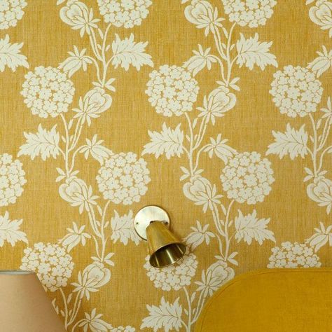 SOANE BRITAIN on Instagram: "Hydrangea Lace printed linen in Sunflower, seen here as bedroom walling." Soane Britain, Yellow Decor, Yellow Interior, Lace Print, July 10, Printed Linen, Hydrangea, Sunflower, Bedroom