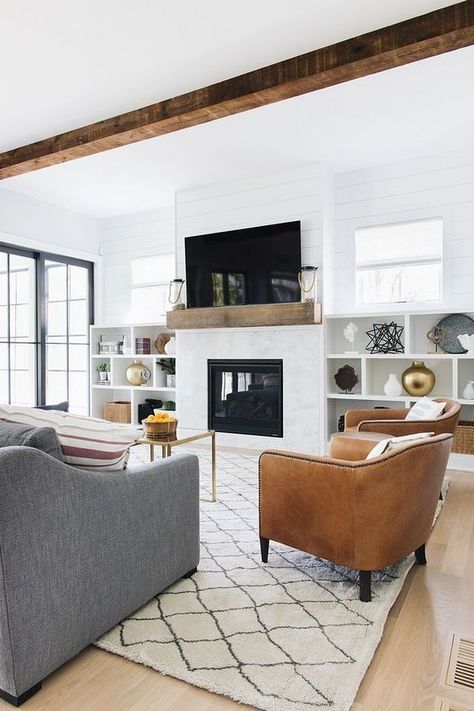 Love the arm chairs in this living room! Fireplace Narrow Built Ins, Modern Farmhouse Family Room, Modern Farmhouse Living Room Ideas, Heritage Wall, Farmhouse Family Rooms, Tv Mounted, Farm House Livingroom, Wood Mantle, Room Fireplace