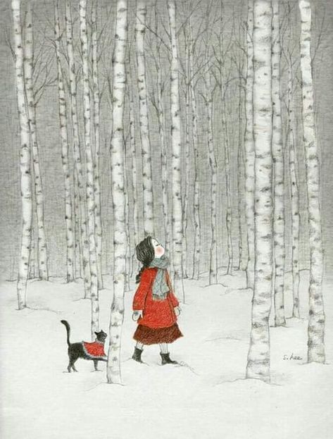 A Girl And Her Dog, Girl And Her Dog, Winter Drawings, Art Mignon, Winter Illustration, 수채화 그림, Birch Trees, Art Et Illustration, Drawing Artist