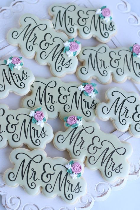 Mr And Mrs Cookies, Mr And Mrs Cookies Decorated, Future Mrs Cookies Decorated, Wedding Cake Royal Icing Cookies, Wedding Shower Cookies Royal Icing, Miss To Mrs Cookies, Mr & Mrs Cookies Decorated, Cookie Table Wedding, Old School Wedding