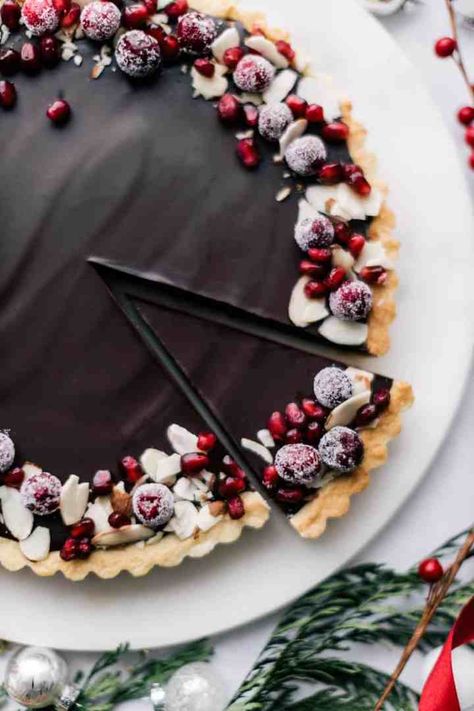 Dark Chocolate Ganache Tart, Holiday Tarts, Shortbread Tart, Ganache Tart, Chocolate Ganache Tart, Tart Dough, Dark Chocolate Ganache, Sugared Cranberries, Buttery Shortbread