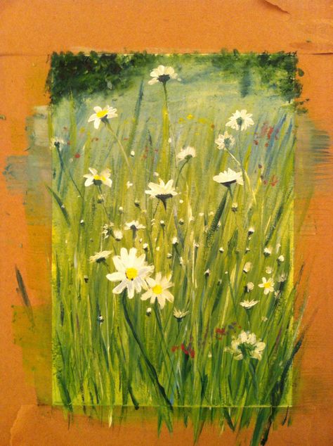 Flowers And Grass Painting, Long Grass Painting, Grassy Meadow Painting, Flowers In Grass Painting, Tall Grass Painting, Painting Grass With Acrylics, Grass Acrylic Painting, Painting Blinds, Spring Wild Flowers