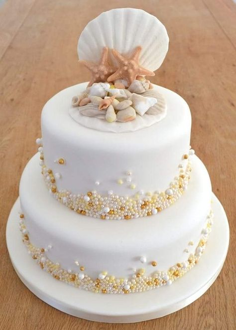 Shell Cake, Seashell Cake, Beach Theme Wedding Cakes, Beach Themed Cakes, Pearl Cake, Small Wedding Cakes, Beach Cakes, Sea Wedding, Ocean Wedding