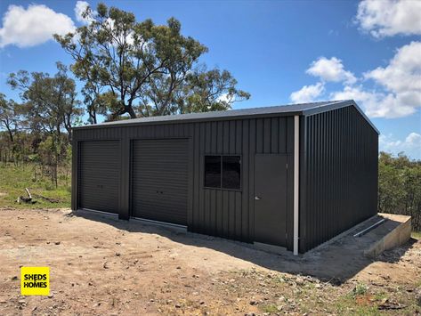 What a majestic, Aussie-backyard backdrop to a majestic, Aussie-made shed all decked out in the massively popular colour choice of COLORBOND steel Monument®.This shed kit's dimensions came to 7m x 9m x 3m. Colorbond Shed, Shed With Awning, Sheds Australia, Aussie Backyard, Steel Garage Buildings, Backyard Workshop, Metal Garage Buildings, Big Sheds, Metal Building Kits