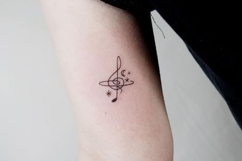 Music Inspired Tattoos Small, Simple Music Tattoo, Music Inspired Tattoos, Butterflies Tattoos, Small Music Tattoos, Planet Tattoo, Moon Planet, Planet Tattoos, Music Tattoo Designs