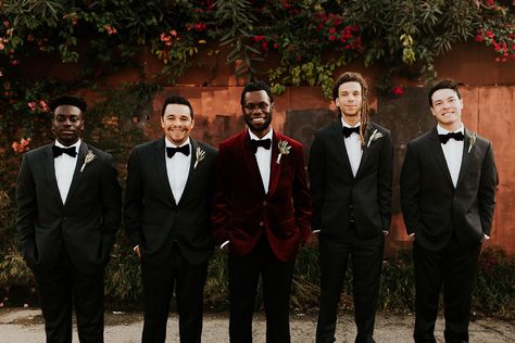 Jewel Tone Bridal Party Groomsmen, Dark Moody Jewel Tone Wedding, Jewel Tone Wedding Groom, Jewel Tone Wedding Groomsmen, Velvet Groomsmen Attire, Jewel Tone Groomsmen Attire, Wine Velvet Suit, Fall Wedding Groomsmen, Bestie Wedding