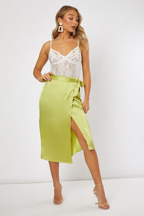 Ozi Lime Satin Split Skirt | In The Style Elevated Casual Outfit, Green Satin Skirt, Lime Green Skirt, Ladies Skirts, Elevated Casual, Womens Skirts, Split Skirt, Satin Midi Skirt, Leather Mini Skirt