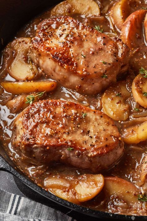 These pork chops are browned with apple butter, whole grain mustard and deliciously caramelized onions. With only 5 ingredients, this quick and easy recipe is a perfect weeknight meal. Apple Butter Pork Chops, Apple Pork Chop Recipes, Butter Pork Chops, Apple Brown Sugar, Whole Grain Mustard, Mustard Pork Chops, Apple Pork Chops, Sweet Potato And Apple, Pork Chop Recipes