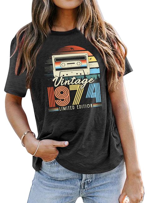 PRICES MAY VARY. Material: 1974 tshirt women are made with cotton blend and comfortable to wear. Our 50th birthday gifts top will let you feel comfortable all day, enjoy as soft touch. Design: Cute birthday rainbow shirt, 50th birthday shirt, vintage 1974 cassette print graphic t-shirt designs, 50 years limited edition letter printed, retro 50 year old gifts shirt, cute funny graphic tops, crew neck, loose fit style, short sleeve tee shirt,casual birthday party idea tops tees blouse. Gift Idea: 50 Birthday Tshirt Ideas, 50th Birthday Tshirts, 50th Birthday Shirts, Retro Birthday, Rainbow Shirt, Birthday Tshirts, Birthday Tee, 50th Birthday Gifts, Graphic Tops