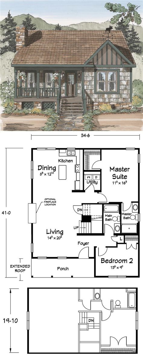 A Cozy #Cabin....add a full basement and a carport on the left, make all the rooms a little larger, this could be nice Fung Shway, Basement House Plans, Two Story House Plans, Two Story House, Cabin Floor, House Plans One Story, Cabin Floor Plans, Basement House, Casas The Sims 4