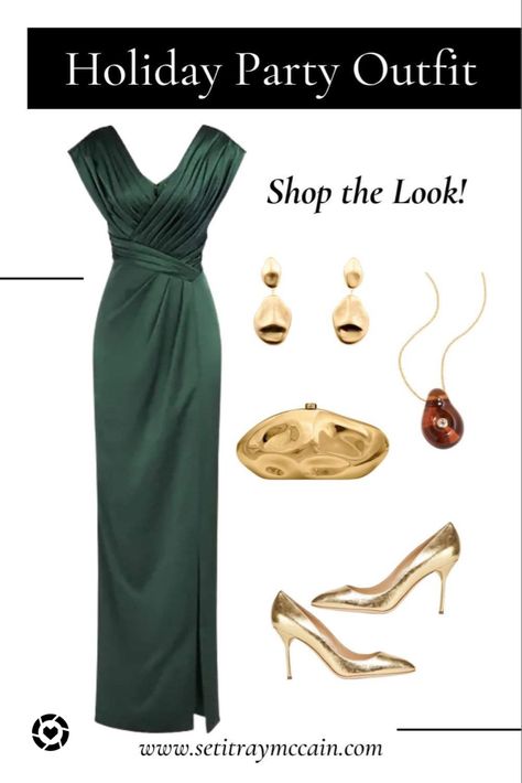 Holiday Party outfit Inspo. This lovely green maxi dress will be great for any special occasion. Green And Gold Wedding Guest Outfit, Dinner Vacation, Green And Gold Dress, Party Dress Christmas, Green Evening Dress, Designer Outfit, Necklace Luxury, Gold Purse, Heels Gold