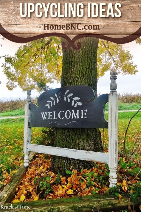 Repurposed Headboard, Farm Entrance, Old Headboard, Driveway Entrance, Farm Signs, Shabby Vintage, Redo Furniture, Repurposed Furniture, Outdoor Projects