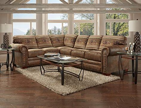 American Furniture Wild Horses Two Piece Sofa Sectional Brown Sectional, 2 Piece Sectional Sofa, Sectional Sofas Living Room, Coastal Furniture, Nail Head, American Furniture, Upholstered Sectional, Rustic Living Room, Large Living Room