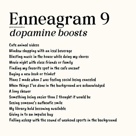 I asked y’all on my stories what your enneagram type was and what gave you a dopamine boost, and I wanted to compile and share the answers 🥰 What’s your type & your dopamine boost?! Also, if u want to join my virtual enneagram webinar & book club this month, u can get tix at the link in my bio/story highlights! 🪄 Enneagram Type 3 W 4, Enneagram Type 9 Aesthetic, Infp 9w1, Dopamine Boost, Enneagram Type 8, Enneagram Type One, Isfj Personality, Personal Healing, Enneagram 9