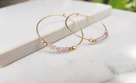 Quartz Hoop Earrings, Earrings Gold Hoop, Bead Projects, Rose Quartz Earrings, Earrings Gemstone, Hoop Earrings Gold, Opal Earrings Stud, Beading Ideas, Hoops Earrings