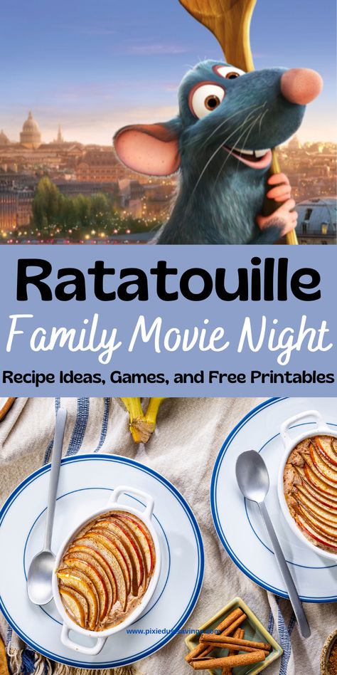 Ratatouille Movie Night with free printable menu recipe cards and chef hat, Plus recipes ideas from Dole, and game ideas. #disneymovie #Ratatouille #dole #familymovienight Ratatouille Disney Dinner Ideas, Disney Movie Menu Ideas Ratatouille, Ratatouille Dinner Ideas, Movie Dinners Ideas, Food From Ratatouille Movie, Ratatouille Food Ideas, Ratatouille Movie Recipe, Tangled Dinner Ideas, Ratatouille Dinner Party