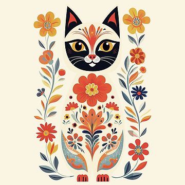 Folk Art Cat Tattoo, Folk Art Cats, Cat Art With Flowers, Black Cat Folk Art, Cat And Flowers Illustration, Folk Art Cat, Cat Drawing Tutorial, Assemblage Art Dolls, Polish Folk Art