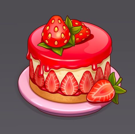 Anime Cake Drawing, Strawberry Cake Drawing, Strawberry Cake Illustration, Cake Art Drawing, Cute Cake Drawing, Cake Digital Art, Strawberry Shortcake Art, Cake Draw, Cake Reference