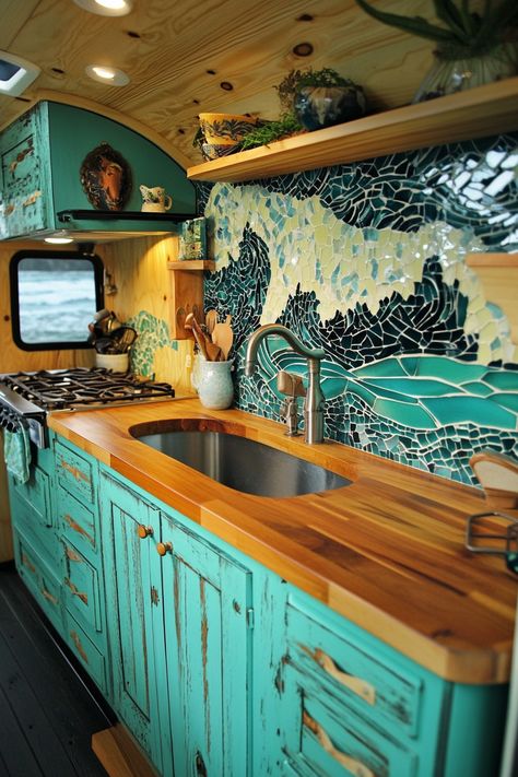 Retro surf van kitchen. Polished alder wood countertop, turquoise cabinets, wave mosaic backsplash.

Calling all free-spirited adventurers and vintage lovers! Get ready to fuel your wanderlust and kitchen creativity with our list of 55 vintage surf van kitchen ideas. These aren't just designs, they're hidden gems that'll bring a whole new level of functionality to your classic ride. Oh, and let's not forget…

Read more: https://tastyinteriors.com/generated-post-55-vintage-surf-van-kitchen-ideas/ Mosaic Kitchen Countertops, Van Kitchen Ideas, Creative Backsplash Ideas, Wave Mosaic, Turquoise Cabinets, Van Kitchen, Creative Backsplash, Surf Van, Wood Countertop