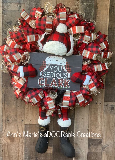 Christmas vacation Cousin Eddie Wreath. You serious clark? This is the perfect wreath for any Christmas vacation fan. Cute buffalo red and black plaid lumberjack attachment holding a wooden sign. Christmas Vacation Wreath Ideas, Christmas Vacation Wreath, Cute Buffalo, Cousin Eddie, Homemade Wreaths, You Serious Clark, National Lampoons Christmas, Work Wreath, National Lampoons