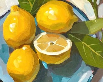 Lemon Still Life, Painting Journal, Vegetable Painting, Fruit Art Print, Art Cottage, Lemon Art, Painting Kitchen, Fruit Art, Kitchen Art