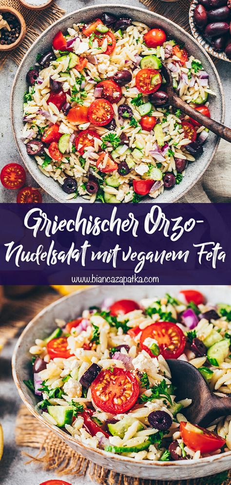 Griechischer Orzo-Salat (Veganer Nudelsalat) Cold Orzo Salad, Orzo Salad With Chicken, Orzo Salad Dressing, Orzo Salad Recipes Cold, Chicken Orzo Salad, Greek Orzo Pasta Salad, Greek Orzo Pasta, Orzo Salat, Grilled Dinner Recipes