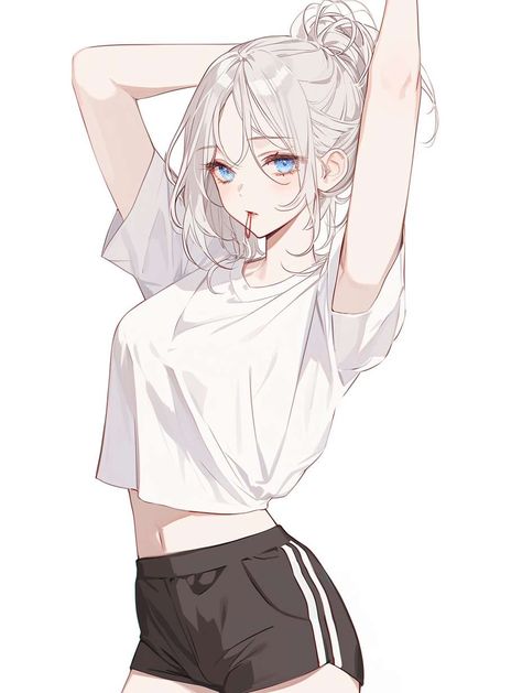 Raising Arms Reference, Attractive Poses Women, Anime Girlies White Hair, Anime Character With Bangs, Anime Female Character Art, White Haired Girl Art, Anime Female With White Hair, White Hair Anime Female, White Hair Female