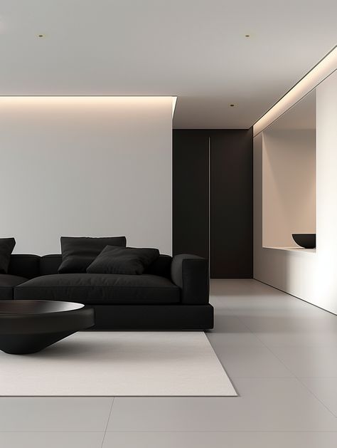 Minimalist Interior Design Style, Minimalist Apartment Black, Minimalist Living Room Black Sofa, Modern Minimalist Living Room Grey Black White, Dark Minimalist Aesthetic House, Minimal Futuristic Interior, Minimalistic Interior, Apartments Exterior, Black And White Living Room