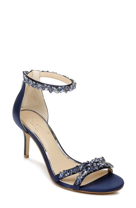 PRICES MAY VARY. Caroline Embellished Strap Evening Shoe Lightly Padded for Extra Comfort Water Resistance Level: Not Water Resistant Country Of Origin: CN Navy Blue Heels, Navy Heels, Jewel Badgley Mischka, Evening Sandals, Womens Stilettos, Blue Heels, Stiletto Shoes, Peep Toe Sandals, Flip Flop Shoes