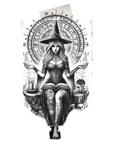 Pagan Witch Tattoo, Witch Symbols Art, Judgement Tarot Tattoo, Lagertha Drawing, The Empress Tarot Tattoo, Alchemy Art Illustrations, Witchy Sketches, Life Tattoo Ideas, Reader Tattoo