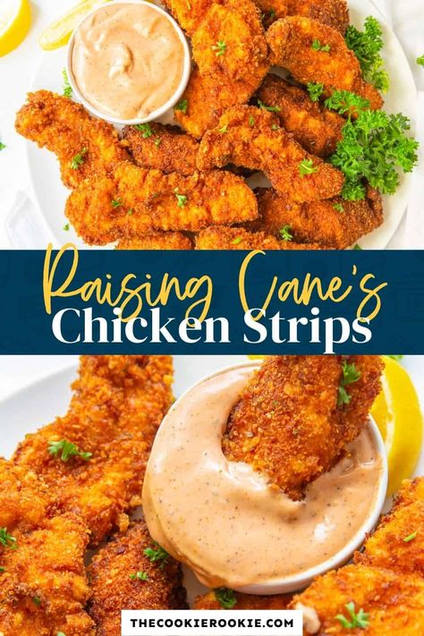 Raising Canes Chicken Recipe, Chicken Fingers Recipe, Fried Chicken Breast Recipe, Canes Chicken, Chicken Finger Recipes, Creole Sauce, Chicken Strip Recipes, Raising Canes, The Cookie Rookie