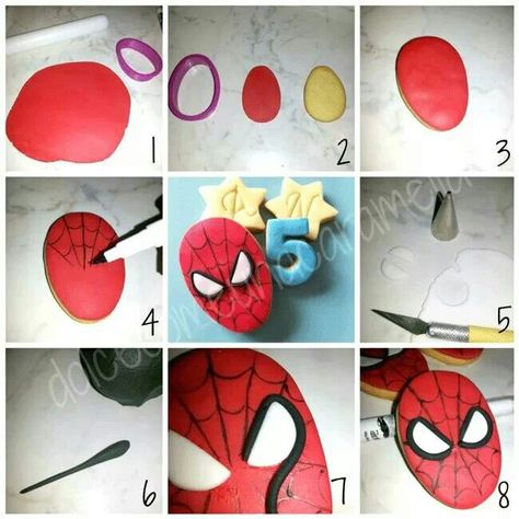 Spiderman cookies Spiderman Cookies Fondant, Spiderman Fondant Topper, Spiderman Cookies, Fondant Cake Tutorial, Spiderman Cupcakes, Spiderman Cake Topper, Spiderman Birthday Cake, Deco Pastel, Marvel Cake