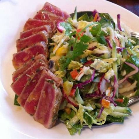 Outback Steakhouse's SEARED AHI SALAD with CITRUS WASABI VINAIGRETTE Dressing * my husband's favorite salad ** photo & recipe courtesy of Outback Steakhouse Seared Ahi Salad, Wasabi Vinaigrette, Ahi Salad, Seared Ahi Tuna Recipe, Ahi Tuna Steak Recipe, Ahi Tuna Recipe, Ahi Tuna Salad, Salad With Citrus, Ahi Tuna Steak