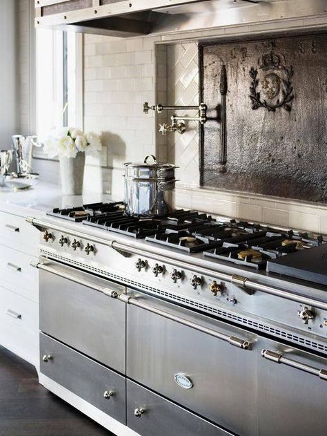 Kitchen Envy...the fabulous French Lacanche Range!  Love the fire back too La Cornue Range, Hampton Homes, Old World Kitchens, Sofa Ottoman, Glass Backsplash, Counter Tops, Kitchen Pantry, White Cabinets, Luxury Kitchen