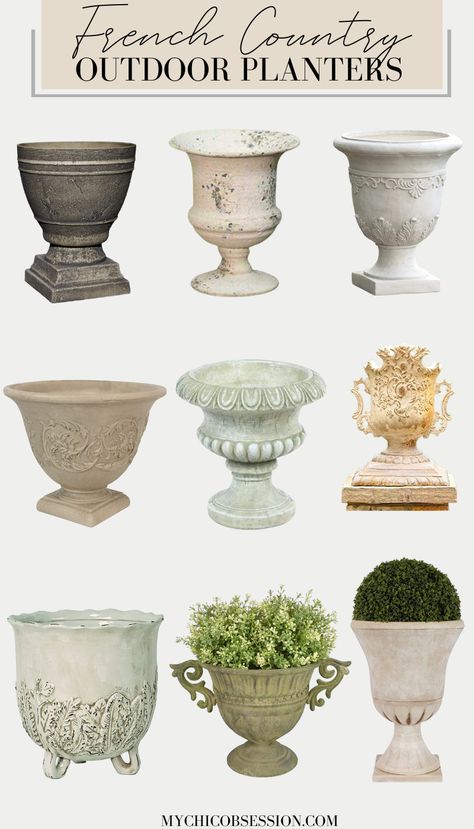 Your Guide to French Country Planters: Where To Place Them, What Plants To Use, and More! - MY CHIC OBSESSION French Country Indoor Plants, French Country Covered Patio, French Country Pots, French Garden Inspired Backyard, French Provence Garden, French Country Flower Pots, French Flower Pots, French Country Patio Furniture, French Country Pottery