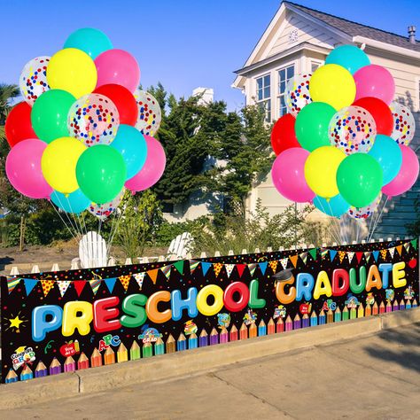 PRICES MAY VARY. Celebrate Preschool Graduation in Style: Make your little one's preschool graduation memorable with our "Preschool Graduation Banner for Yard with 36Pcs Balloon". This set is designed to create a festive and celebratory atmosphere in your yard, honoring this important milestone. Eye-Catching Yard Decoration: Our banner features large and colorful lettering that spells out "Preschool Graduation", ensuring that it catches the attention of passersby. Along with the banner, the set Preschool Graduation Banner, Preschool Graduation Decorations, Preschool Graduation Theme, Graduation Certificate Template, Graduation Certificate, Colorful Lettering, Pre K Graduation, Graduation Balloons, Preschool Graduation