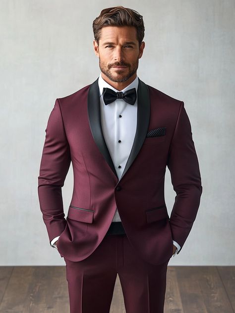 Stand out in our sophisticated burgundy tuxedo. Visit our website to make this look yours.   #DapperStyle #FormalWear #menssuitstyle #mensfashion #menssuits #mensstyle #suitstyle #suits #menstyle #suitup #menswear #suitandtie #men #dapperfashion #style #suitsformen #mensfashionblog #suited Wine Suit Men Wedding, Mens Burgundy Suit, Burgundy Suit Men, Maroon Prom, Red Suits, Mens Suit Style, Graduation Suits, Light Blue Suit, Burgundy Tuxedo