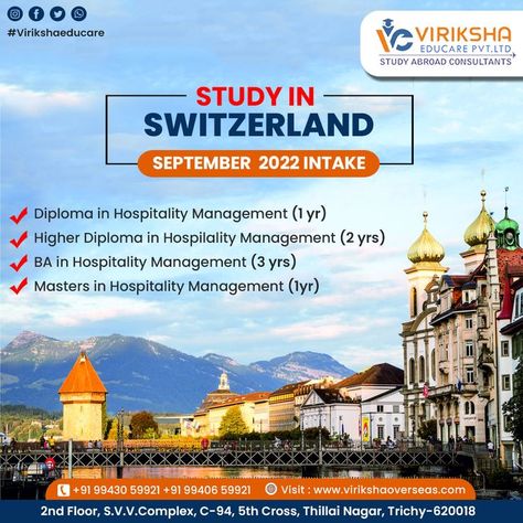 Study in Switzerland - September 2022 INTAKE Interested Please Contact Us +91 99430 59921 Book Your Application today: www.virikshaoverseas.com #studymbbsabroad #studyabroad #studyincanada #studyinaustralia #studyincanada #studyinuk #studywithoutielts #Aeronauticalengineering #commercialpilot #studyinswitzerland #hospitalitymanagement #switzerland #hospitality #swiss Commercial Pilot, Hospitality Management, September 2022, Study Abroad, Contact Us, Switzerland, Engineering, Australia