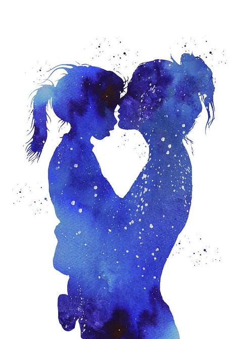 Mother And Daughter, Paint, Stars, Wall Art, Wall, Blue, Art