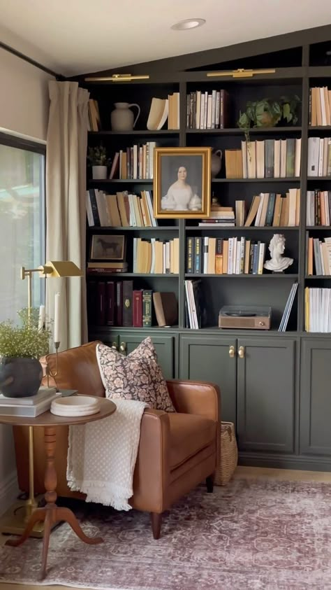 Built In Bookshelf Library, Library Style Office, Green Library Living Room, Olive Green Home Library, Bookshelf Study Room, Cottagecore Built In Shelves, Cottage Style Built Ins, Home Study Inspiration, Cozy Moody Office