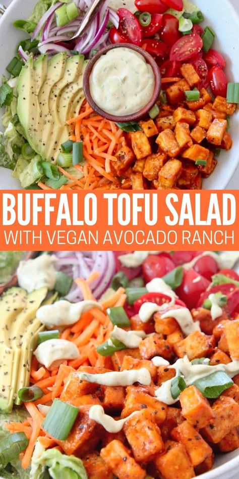 Crispy bites of baked buffalo tofu top this delicious vegan salad recipe, tossed with THE BEST creamy vegan avocado ranch dressing! Use my tested-and-perfected method for baking crispy tofu every time, then toss the tofu with tangy buffalo sauce for the perfect vegan salad topper! Tofu Recipes Healthy, Buffalo Tofu, Avocado Ranch Dressing, Vegan Journey, Healthy Sauces, Avocado Ranch, Tofu Salad, Vegan Salad Recipes, Summer Meal