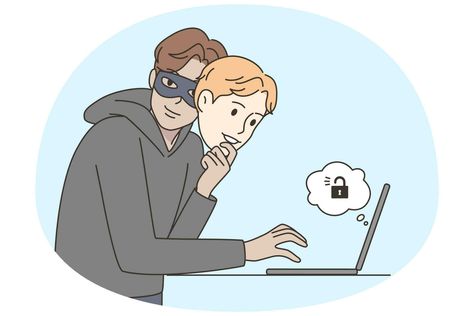 Man under mask hacking on computer online. Male criminal or scammer do illegal activity on internet. Fraud and scam. Vector illustration. Internet Scams, Kids English, Vector Art, Vault Boy, Vector Free, Vector Illustration, Computer, Clip Art, Internet