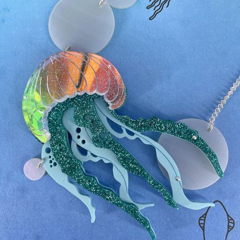 Jellyfish Necklace Laser Cut Jewellery Handmade Jewellery - Etsy Australia Clay Jellyfish, Perspex Jewelry, Laser Cut Jewelry Acrylic, Jellyfish Necklace, Tropical Necklace, Plastic Jewellery, Etsy Tutorial, Turquoise Glitter, Silver Clay