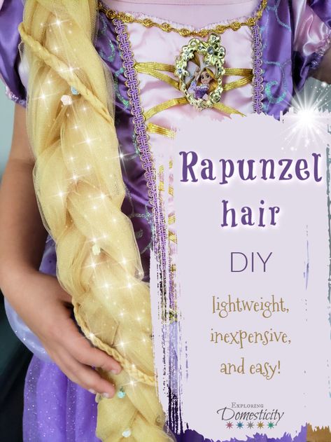 Rapunzel Hair DIY: Lightweight and inexpensive! ⋆ Exploring Domesticity Rapunzel Hair Diy, Rapunzel Halloween Costume, Shrek Musical, Tangled Costume, Rapunzel Braid, Rapunzel Wig, Kid Costume, Theatre Ideas, Fortieth Birthday