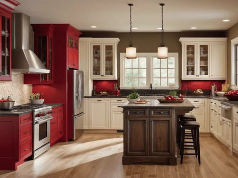 How I Use Red in Kitchen Decor – 32 Bold Ideas! - Cardinal Memorials Red Accent Wall Kitchen, Accent Color Wall, Kitchen With Red Accents, Red Kitchen Ideas, Kitchen Color Themes, Red Country Kitchens, White Cottage Kitchen, Red Kitchens, Red Kitchen Cabinets